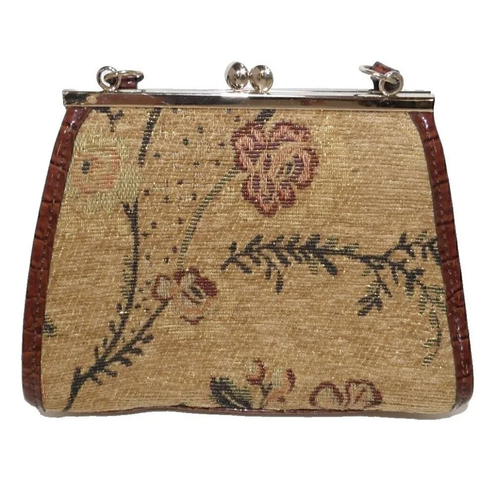 LIZ CLAIBORN brown & gold tapestry look satchel, evening bag, handbag, purse